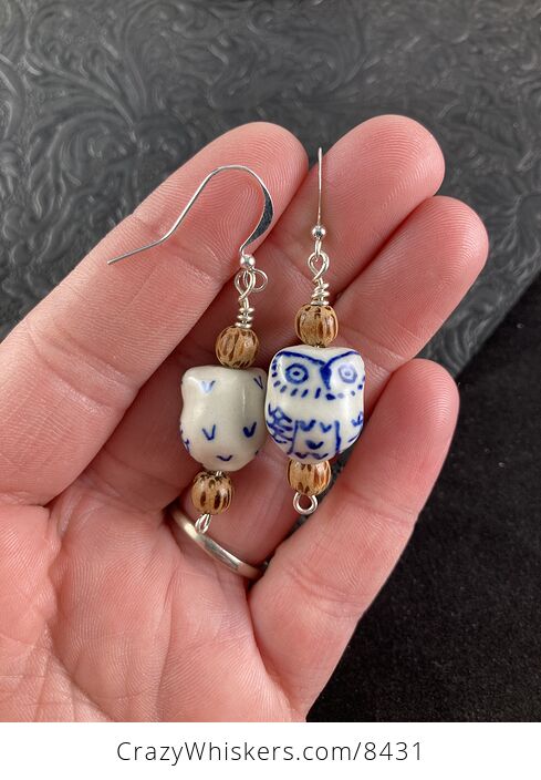 Ceramic Owl and Wood Bead Earrings - #JPmcYjkZzHU-1