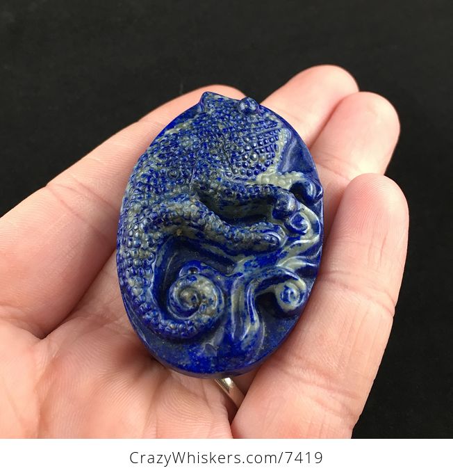 Chameleon Lizard Carved Lapis Lazuli Stone Pendant Jewelry - #KcOPUEb4Fso-2