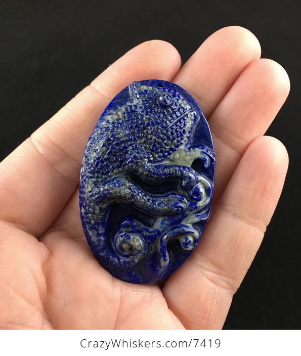 Chameleon Lizard Carved Lapis Lazuli Stone Pendant Jewelry - #KcOPUEb4Fso-1