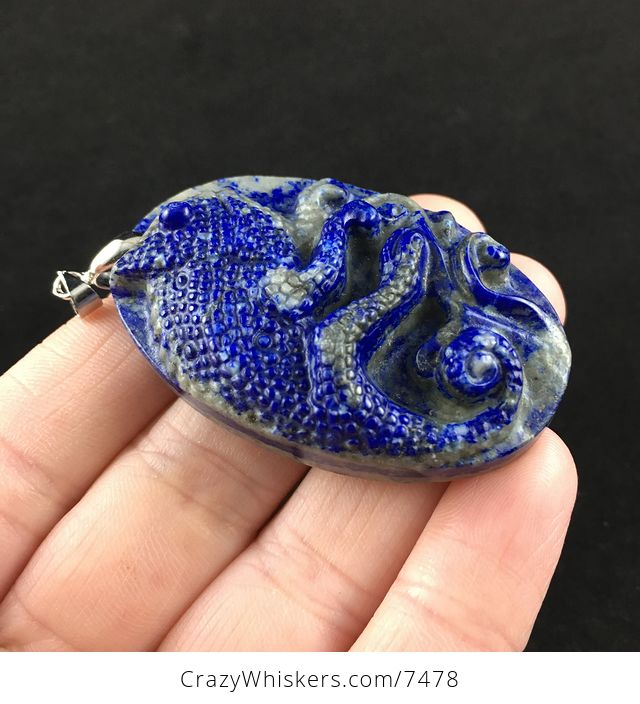 Chameleon Lizard Carved Lapis Lazuli Stone Pendant Jewelry - #fTLY2jl82u8-5