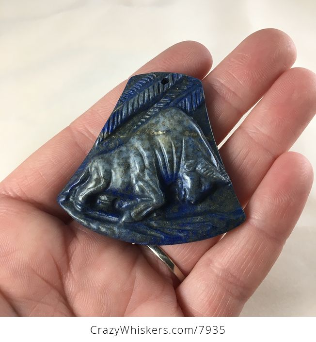 Charging Bull Carved Lapis Lazuli Stone Jewelry Pendant - #yHeg15FyekU-1