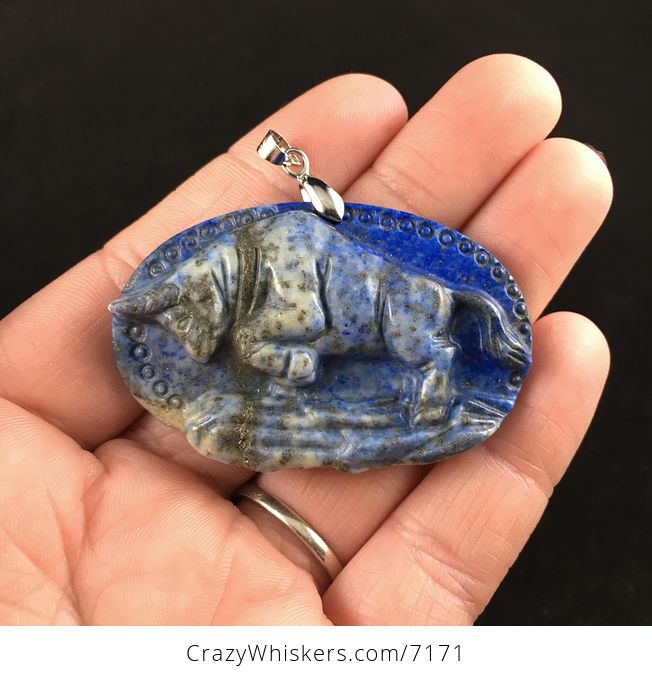 Charging Bull Carved Lapis Lazuli Stone Pendant Jewelry - #bYmbLTLN31o-1