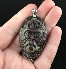 Chimpanzee Monkey Carved Ribbon Jasper Stone Pendant Jewelry #xiqd4Snrc90