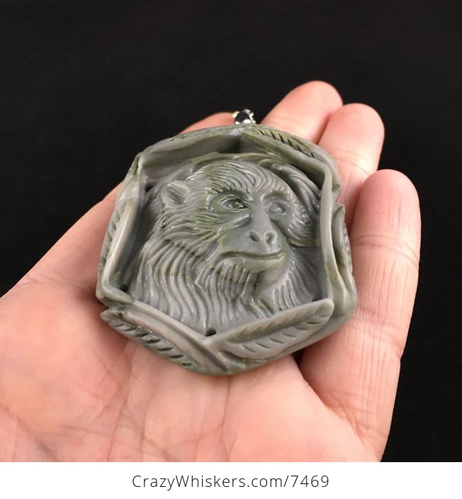Chimpanzee Monkey Carved Ribbon Jasper Stone Pendant Jewelry - #qz2qr4aFnPw-2