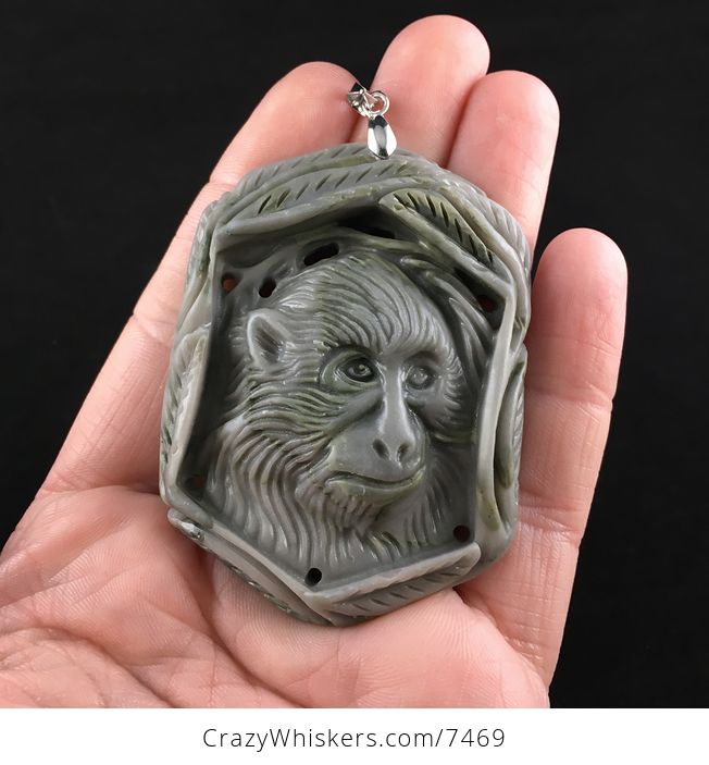 Chimpanzee Monkey Carved Ribbon Jasper Stone Pendant Jewelry - #qz2qr4aFnPw-1