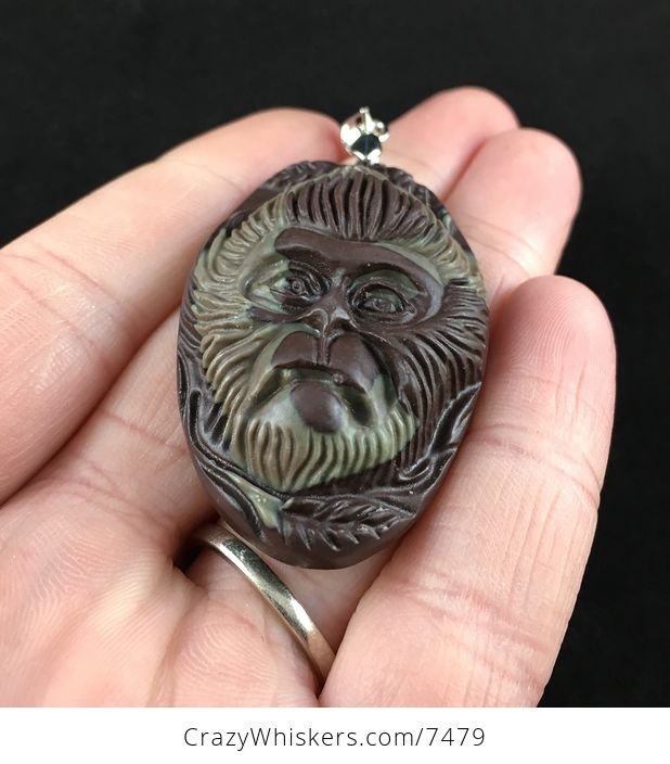 Chimpanzee Monkey Carved Ribbon Jasper Stone Pendant Jewelry - #xiqd4Snrc90-2