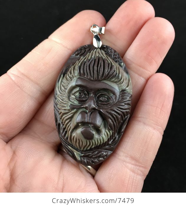 Chimpanzee Monkey Carved Ribbon Jasper Stone Pendant Jewelry - #xiqd4Snrc90-1