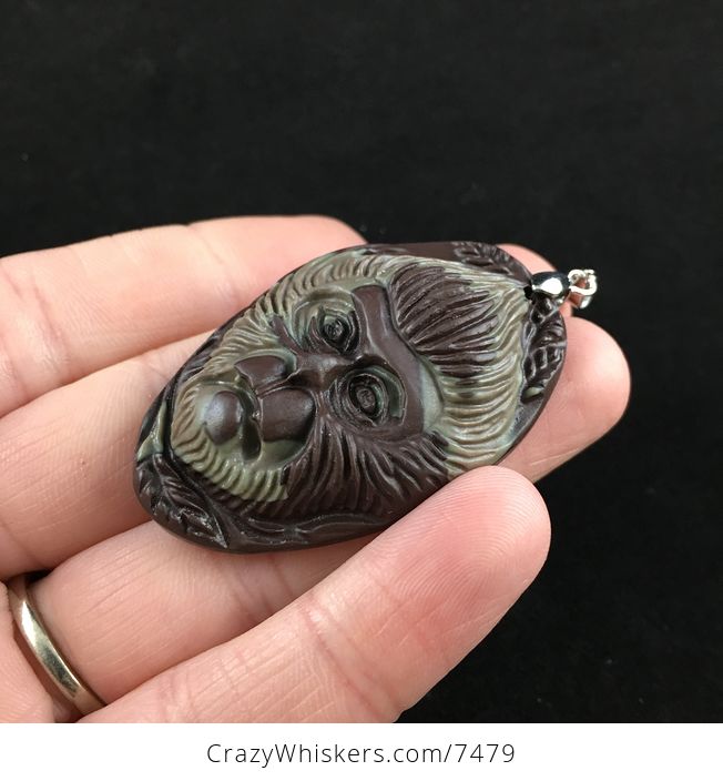Chimpanzee Monkey Carved Ribbon Jasper Stone Pendant Jewelry - #xiqd4Snrc90-3