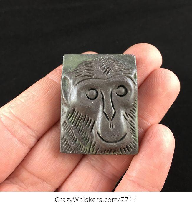 Chimpanzee Monkey Face Carved Ribbon Jasper Stone Pendant Jewelry - #qbGgcwUVZHs-1