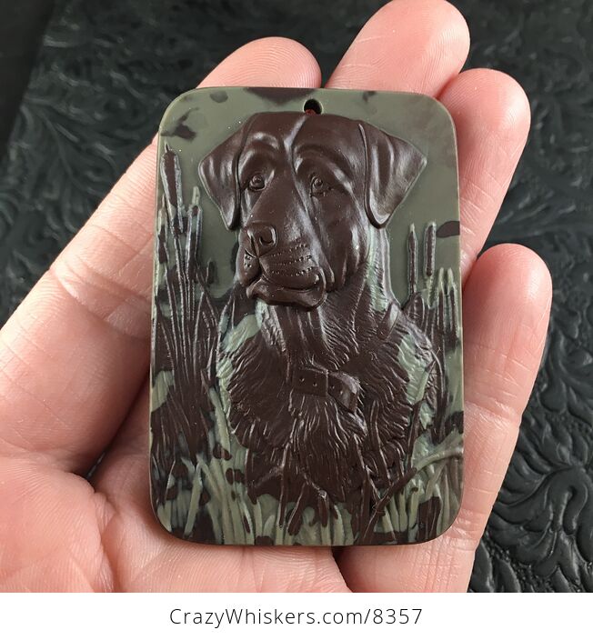 Chocolate Labrador Retriever Dog Carved Ribbon Jasper Stone Pendant Jewelry - #8UinmNT3kAE-1