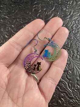 Colorful Chameleon Metal Cats and Crescent Moon Earrings #i7uTufcIdnE