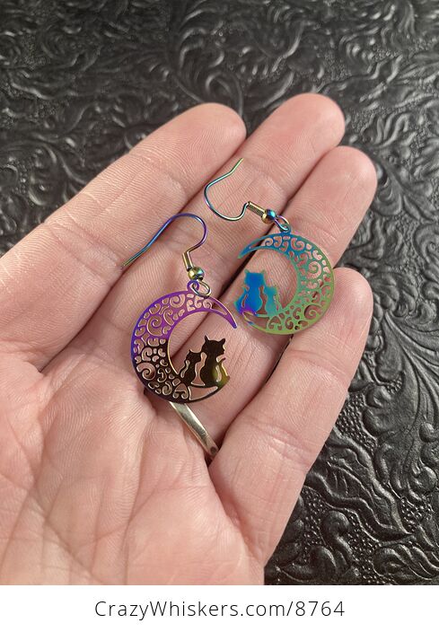Colorful Chameleon Metal Cats and Crescent Moon Earrings - #i7uTufcIdnE-1