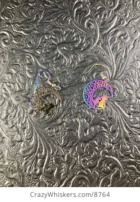 Colorful Chameleon Metal Cats and Crescent Moon Earrings - #i7uTufcIdnE-2