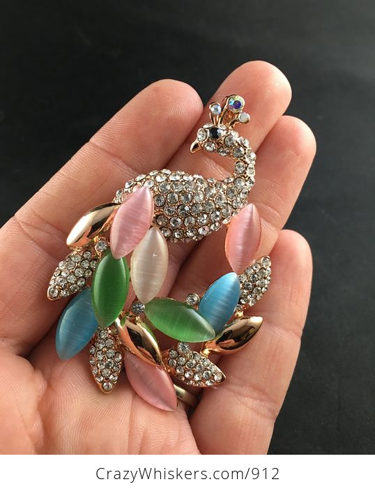 Colorful Rhinestone and Synthetic Cats Eye Stone Peacock Pendant with Rose Gold Finish - #gk78ddiWnV8-1
