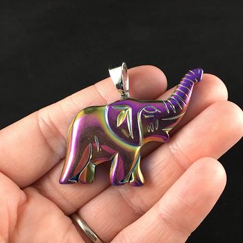Colorful Titanium Magnetic Hematite Elephant Raising Its Trunk Jewelry Pendant #SQvLnGG9NRo
