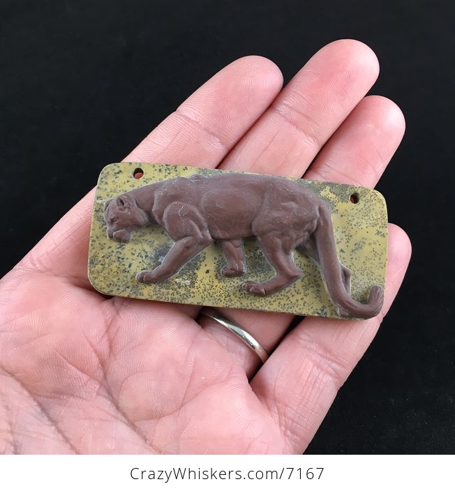 Cougar Mountain Lion Puma Big Cat Carved Ribbon Jasper Stone Pendant Jewelry - #XPZhuYZXJhs-1