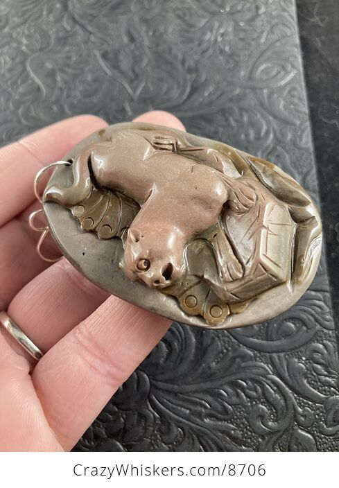 Cougar Mountain Lion Puma Big Cat Carved Succor Creek Jasper Stone Pendant Jewelry Mini Art Ornament - #fXUo7msFPbY-5