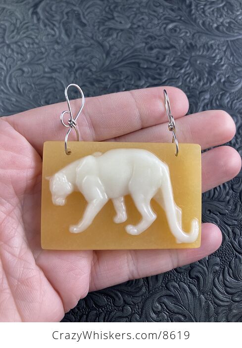 Cougar Mountain Lion Puma Big Cat Carved White Jade and Orange Chalcedony Stone Stone Pendant Jewelry - #b78MJqTr8Dg-1