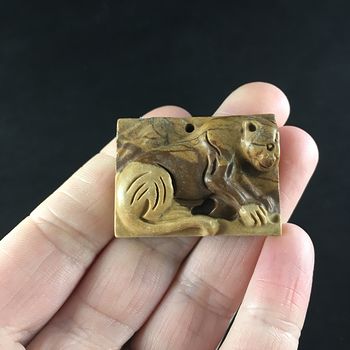Cougar Mountain Lion Puma Leopard Carved Picture Jasper Stone Pendant Jewelry #cEyEPGaelBo