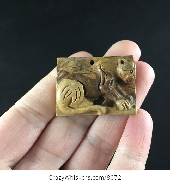 Cougar Mountain Lion Puma Leopard Carved Picture Jasper Stone Pendant Jewelry - #cEyEPGaelBo-1