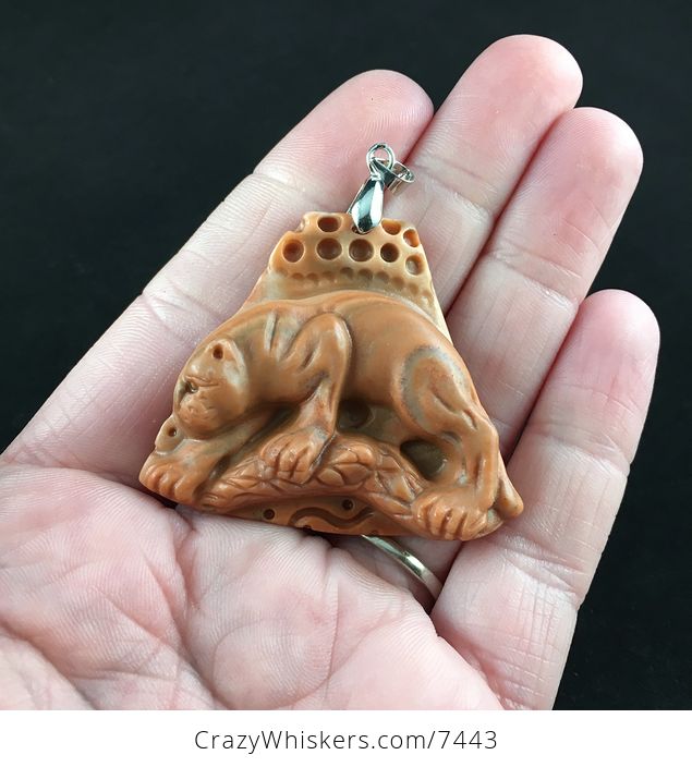 Cougar Mountain Lion Puma Leopard Carved Red Jasper Stone Pendant Jewelry - #ftKh6p0uM9o-1