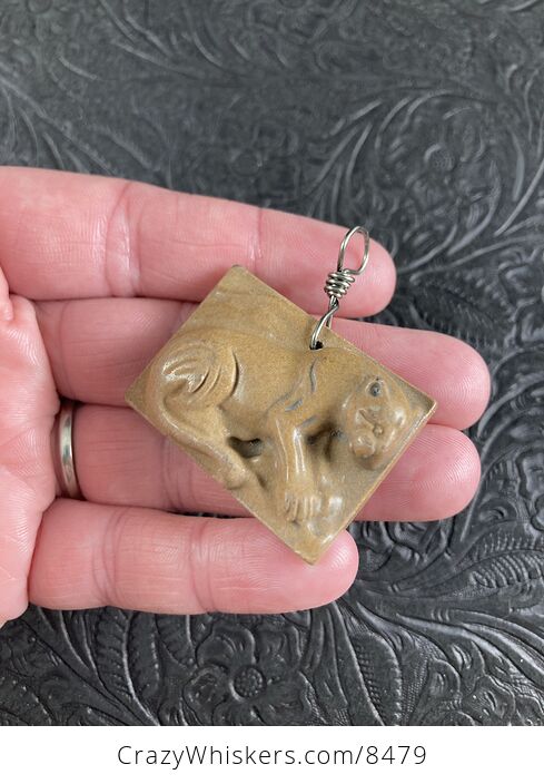 Cougar Mountain Lion Puma Leopard Carved Ribbon Jasper Stone Pendant Jewelry - #ayyxzQKYgx4-4
