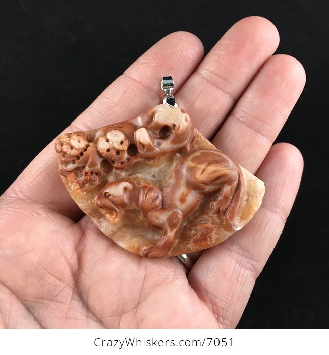 Cougar Panther Mountain Lion Puma Big Cat Carved Red Jasper Stone Pendant Jewelry - #SO12hyGajRE-1