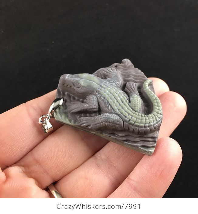 Crocodile or Alligator Carved Ribbon Jasper Stone Pendant Jewelry - #1e5ZViUVNE0-4