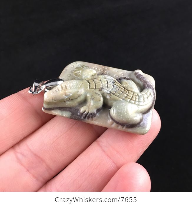 Crocodile or Alligator Carved Ribbon Jasper Stone Pendant Jewelry - #ZqILNZad2HQ-4