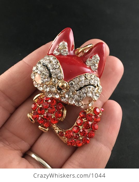 Cute Articulated Red and White Crystal Rhinestone Happy Fox Pendant - #OSDvinrW9nE-1