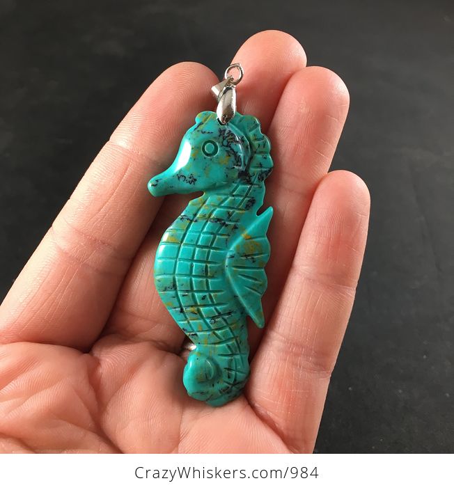 Cute Carved Howlite or Turquoise Seahorse Stone Pendant - #JL5Fy5XHomI-1