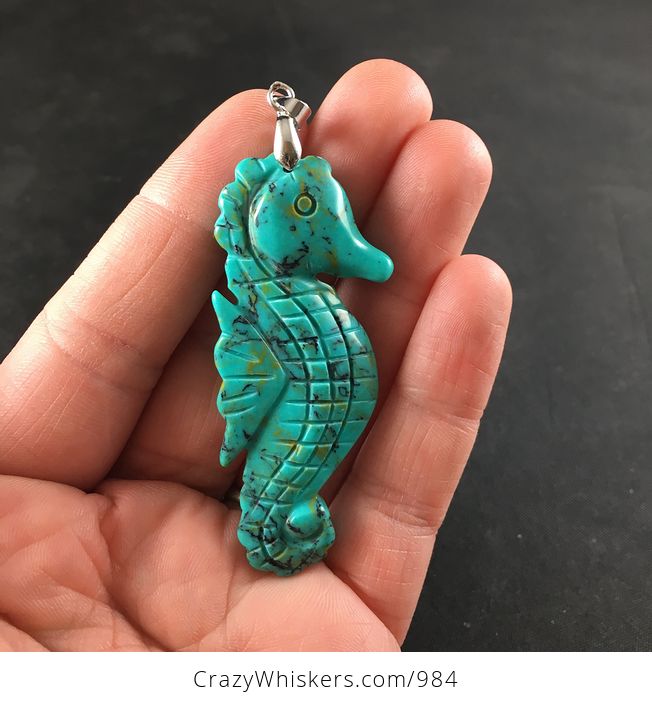 Cute Carved Howlite or Turquoise Seahorse Stone Pendant Necklace - #JL5Fy5XHomI-2