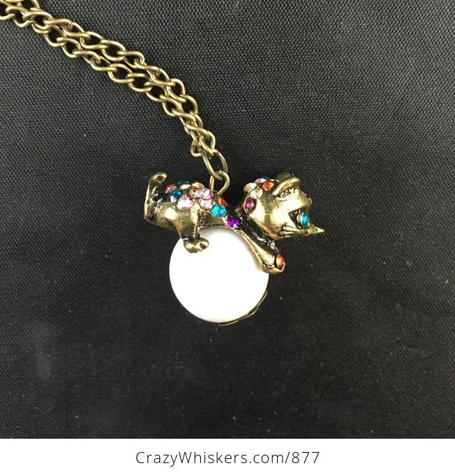 Cute Colorful Rhinestone and Vintage Bronze Cone Kitty Cat on a False Pearl Pendant - #kVL66UOTxq4-5