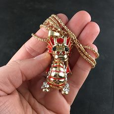 Cute Dragon Red Gold and Rhinestone Articulated Jewelry Necklace Pendant #paQQra7GaqM