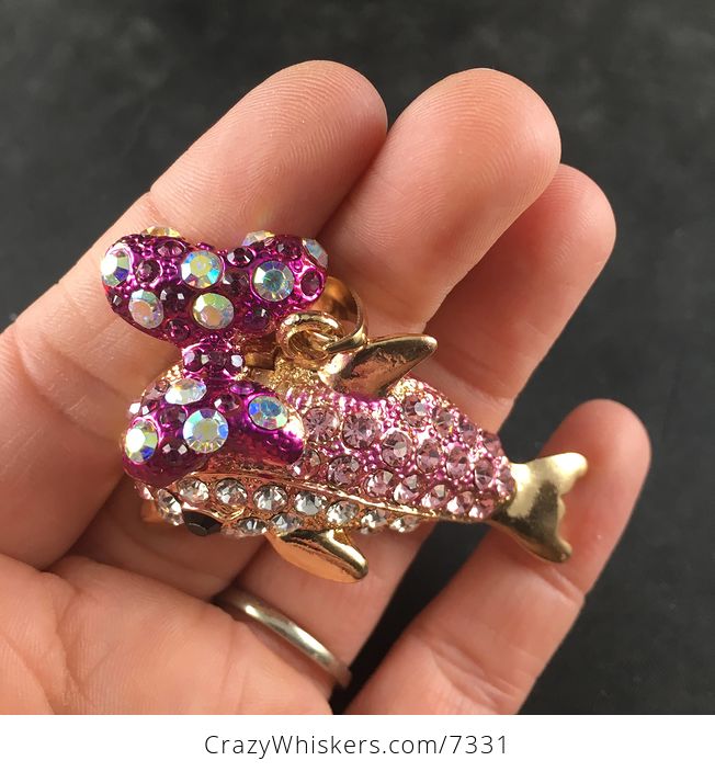 Cute Girly Dolphin with a Bow and Rhinestones Jewelry Pendant Necklace - #6pmfi2NRgMw-2