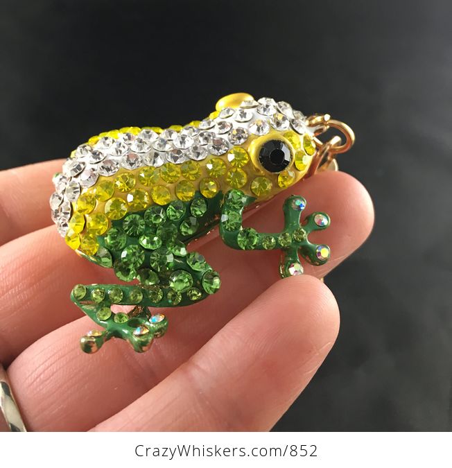 Cute Green White and Yellow Striped Rhinestone Frog Pendant - #7vAVHjUuazk-2