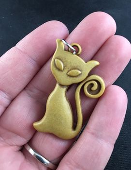 Cute Kitty Cat with a Curly Tail Pendant in Faux Wood Finish #rHX1EfcFwmU