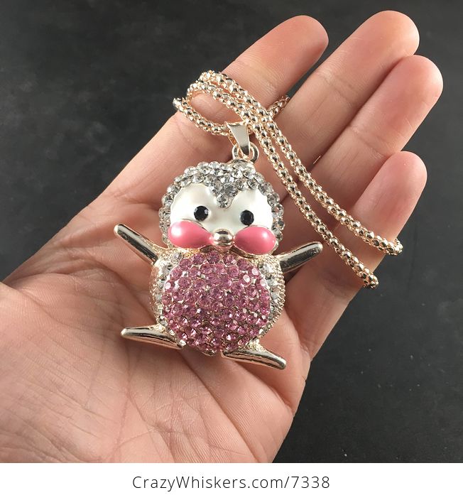 Cute Rhinestone and Enamel Pink Penguin Pendant Necklace Jewelry - #yl3gKiej444-1