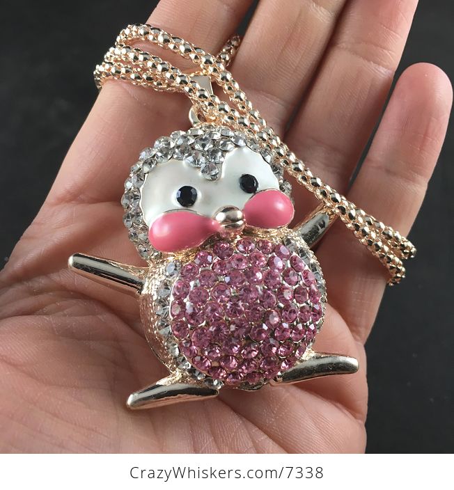 Cute Rhinestone and Enamel Pink Penguin Pendant Necklace Jewelry - #yl3gKiej444-3