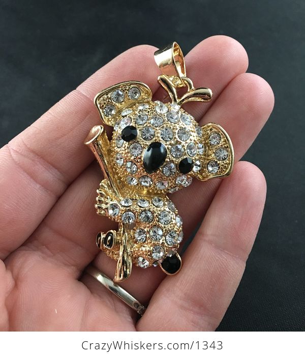 Cute Textured Gold Tone Metal Koala on a Branch with Black Stones and White Crystals - #BoXoETCunW4-1