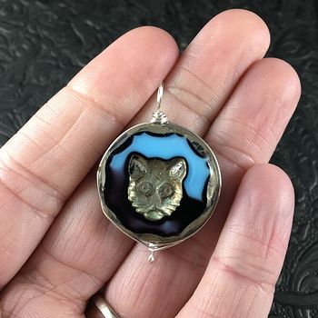 Czech Cut Glass Kitty Cat Face Pendant with Silver Wire #SnA5D7pH9Ws