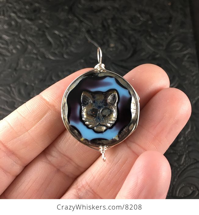 Czech Cut Glass Kitty Cat Face Pendant with Silver Wire - #SnA5D7pH9Ws-3
