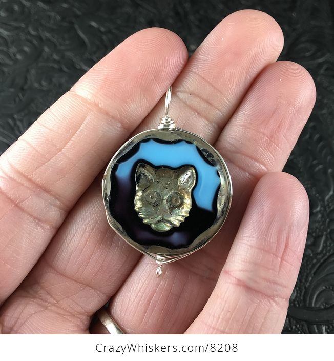Czech Cut Glass Kitty Cat Face Pendant with Silver Wire - #SnA5D7pH9Ws-1