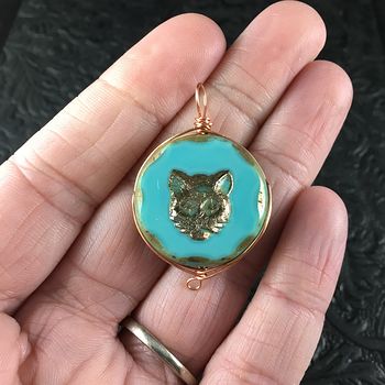 Czech Cut Robins Egg Blue Glass Kitty Cat Face Pendant with Copper Wire #3KbvWC79t0c