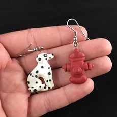 Dalmatian Dog and Fire Hydrant Polymer Clay Earrings #bBCQJAXBdDk