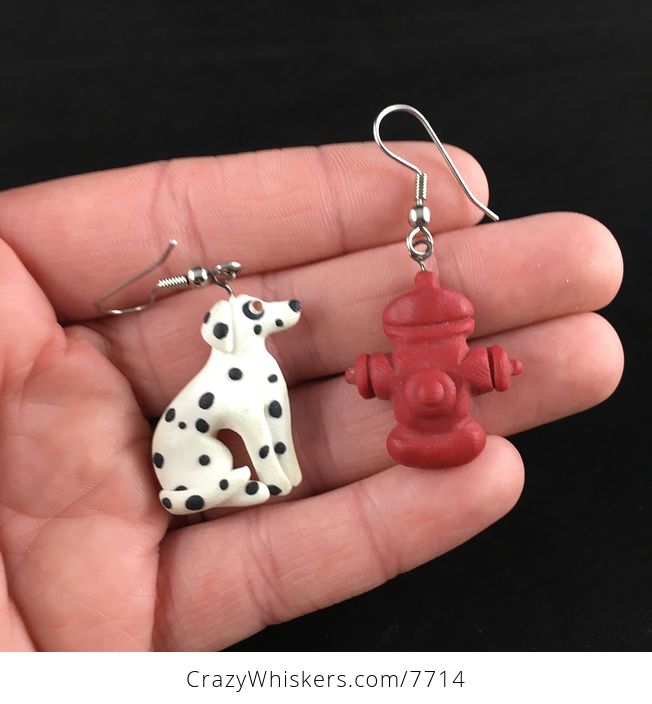 Dalmatian Dog and Fire Hydrant Polymer Clay Earrings - #bBCQJAXBdDk-1