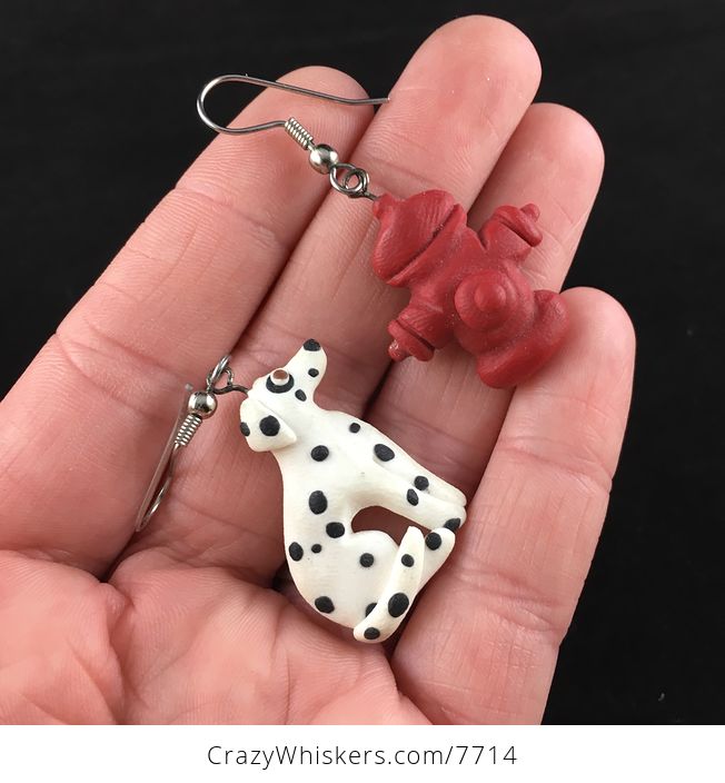 Dalmatian Dog and Fire Hydrant Polymer Clay Earrings - #bBCQJAXBdDk-2