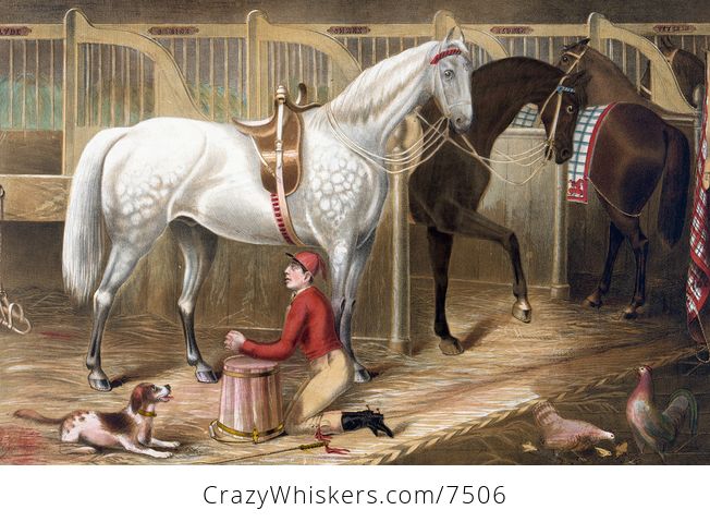 Digital Illustration of a Dog Watching a Jockey Kneeling and Praying for a Successful Race in a Horse Stable - #p282OKTxqUg-1
