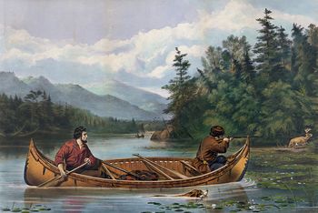 Digital Illustration of a Hunting Dog Swimming by a Rowboat with Two Men One Aiming a Rifle at a Deer #MnwyqPp3cJo