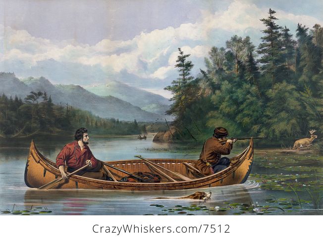 Digital Illustration of a Hunting Dog Swimming by a Rowboat with Two Men One Aiming a Rifle at a Deer - #MnwyqPp3cJo-1